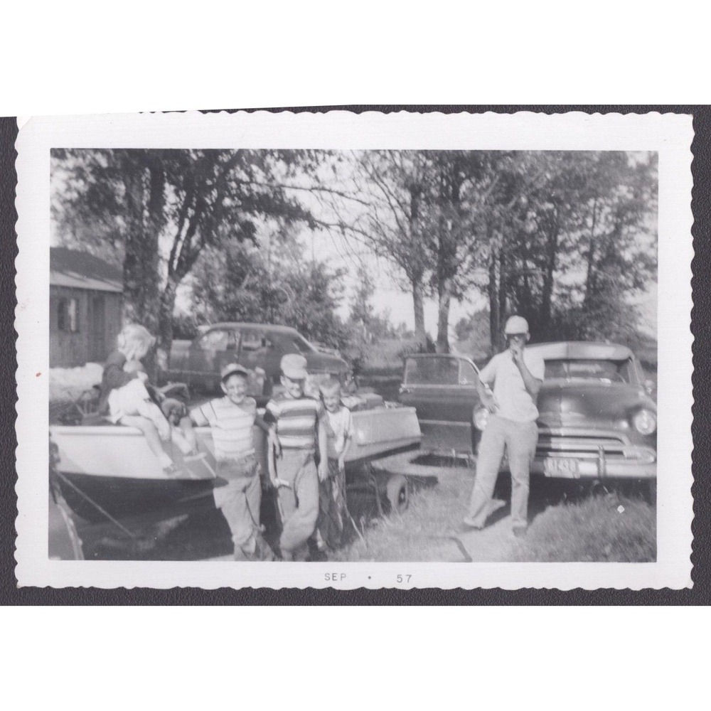 Vtg Photo 1957 Boys Fishing Stringer Boat 1949-50 Chevrolet Snapshot